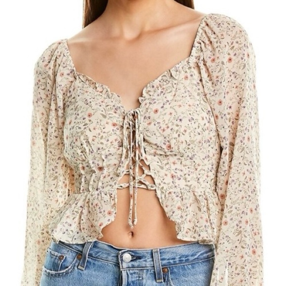 Aiden NWT Lace-Up Floral Cropped Long Puff Sleeve Smocked Back Top Cottagecore